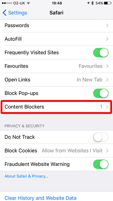 Now scroll down until you find Content Blockers, and tap that