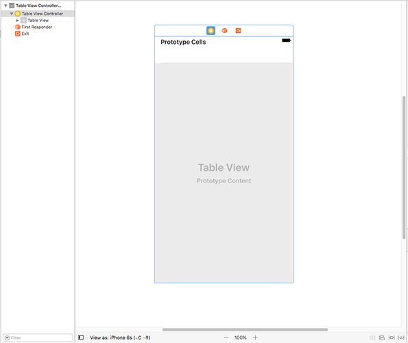 Once you’ve deleted the original view controller and replaced it with a new table view controller, Xcode should look like this.