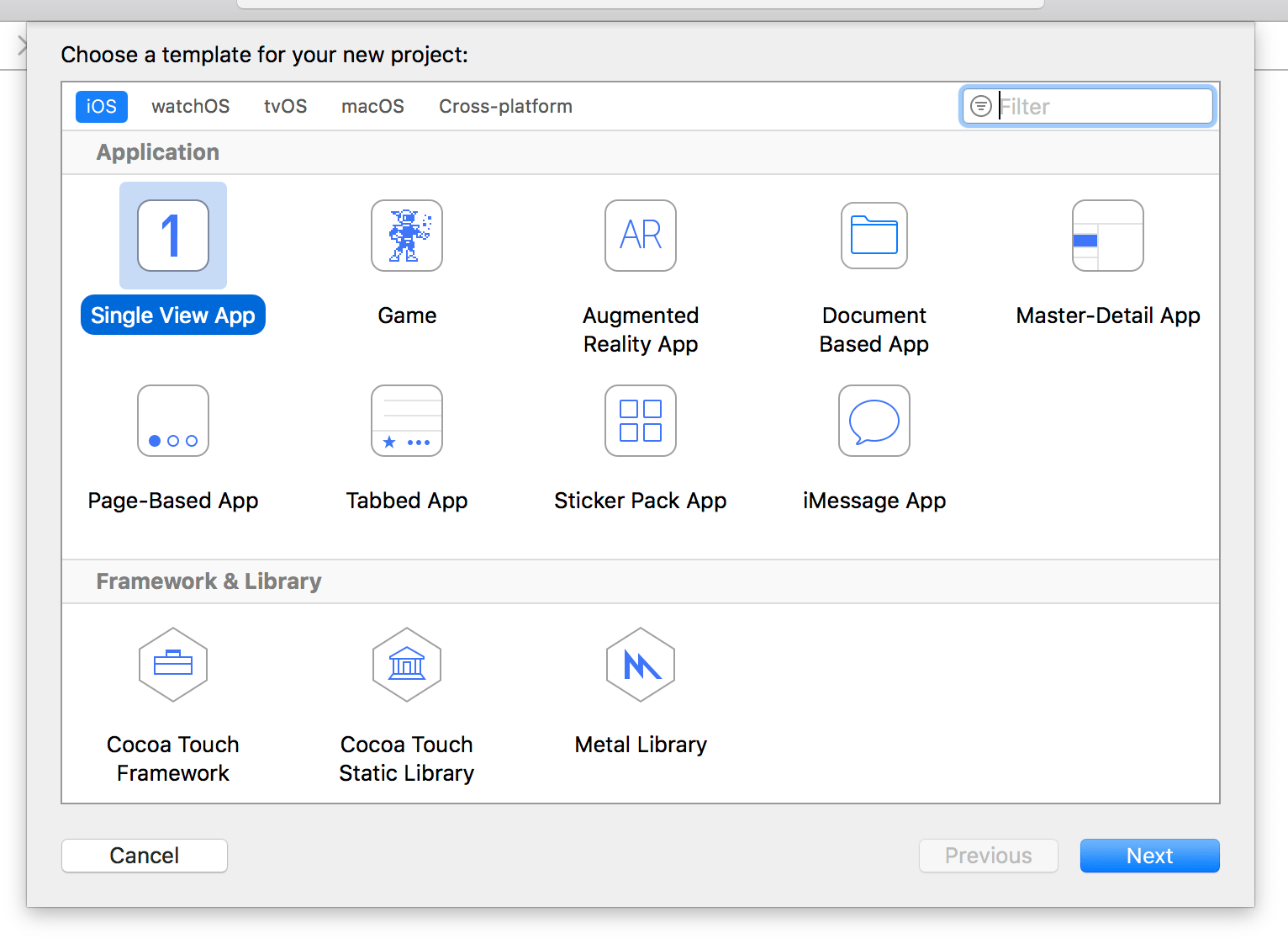 Creating a new Single View App project in Xcode.