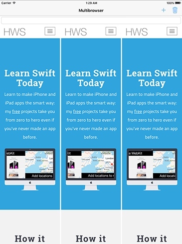 Our app so far: users can add multiple web views, and the UIStackView automatically fits them in equally.