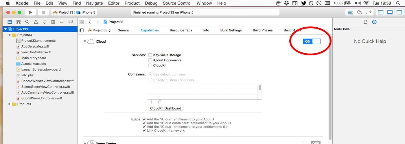 Enabling the iCloud entitlement requires a valid Apple developer program account.