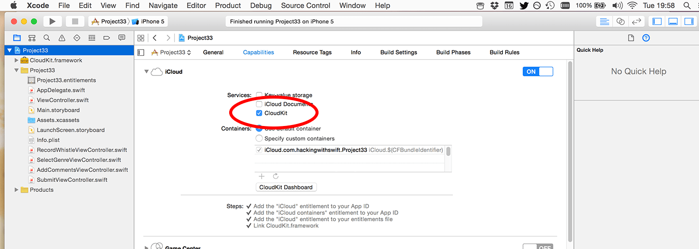 Make sure you select the checkbox marked CloudKit inside the iCloud entitlement