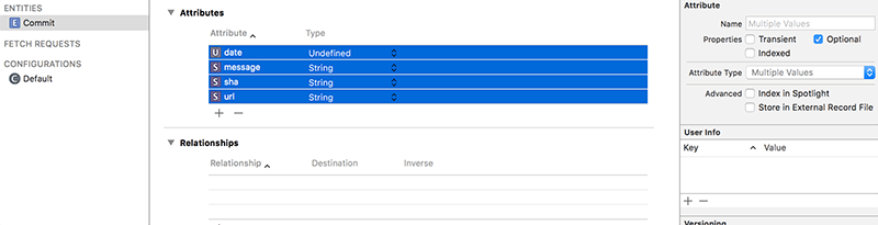 Select all four attributes and disable the Optional checkbox in the Data Model inspector.