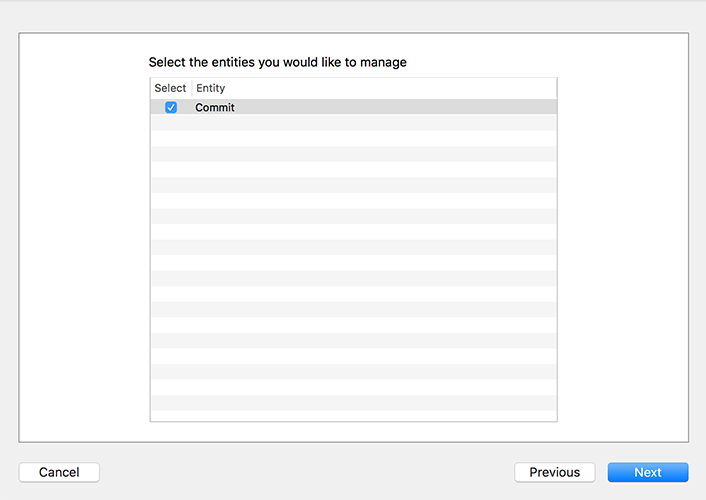 Xcode will ask you which entities it should turn into subclasses. Right now we have only one, Commit, so please choose it.
