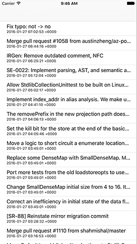 Finally our app is working: we have a scrolling table view listing commits to the Swift repository on GitHub.