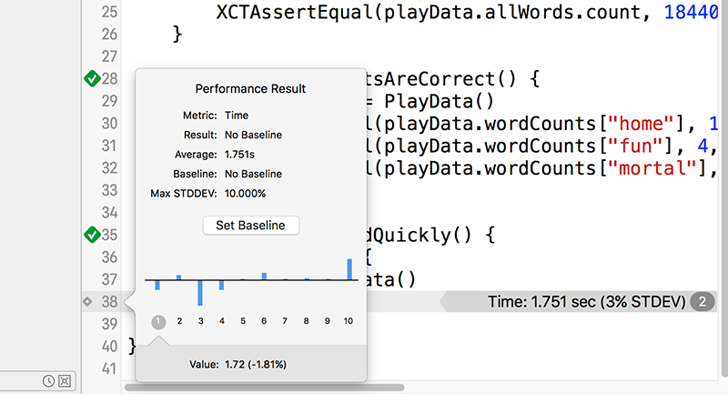 You can see detailed performance data, and set a baseline, by clicking the tiny gray diamond on the left of the standard deviation line.