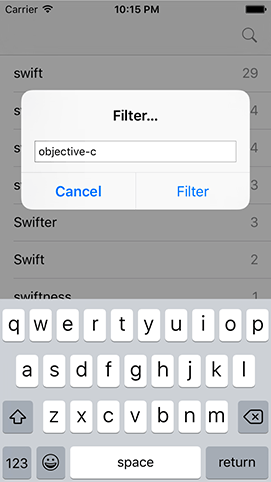 Users can filter either by substring or frequency from a single text field.