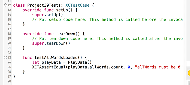 Xcode expects you to use a precise naming convention for your test methods, and if you follow these guidelines you should see empty gray diamonds next to your tests.