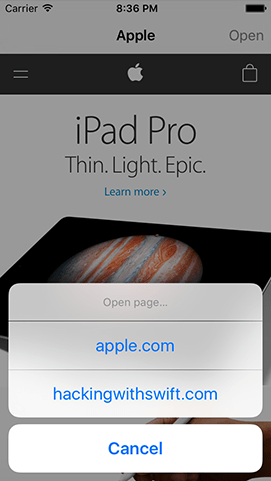 Using a UIAlertController is an easy way to let users choose which website to visit.