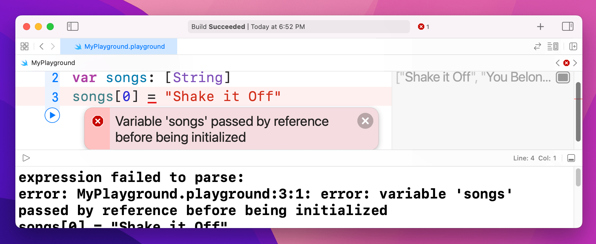 The above code causes an error: variable 'songs' passed by reference before being initialized.