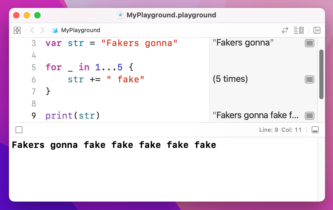 Appending “fake” five times with a for loop.