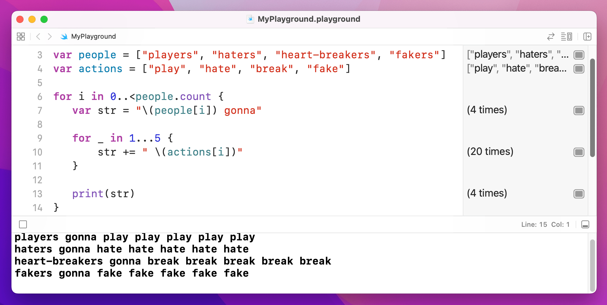 Using a nested for loop to print “Shake it Off”.