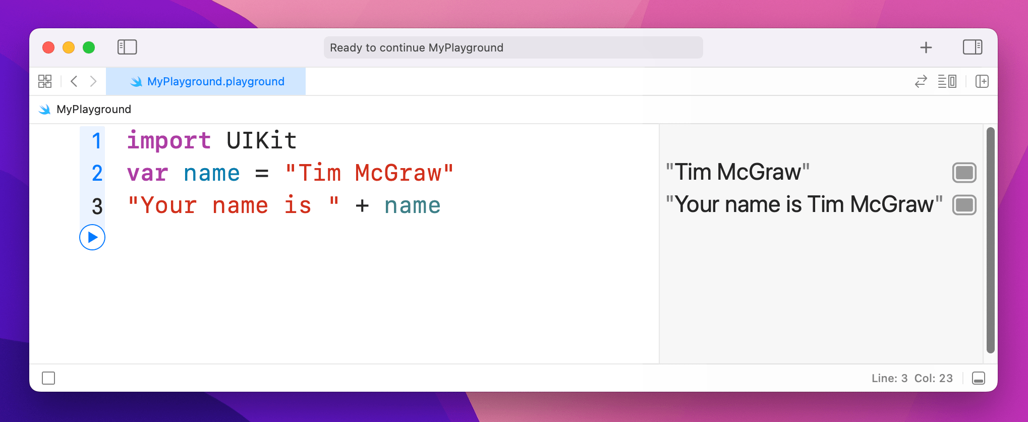 Adding a name to a String using the plus operator.