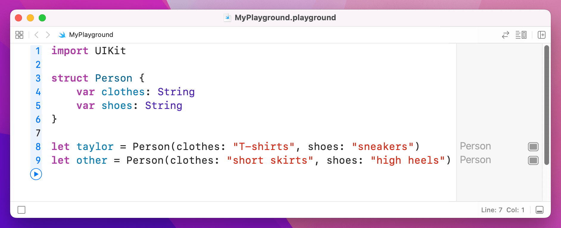 Initializing two  structs by telling Swift their clothes and shoes.