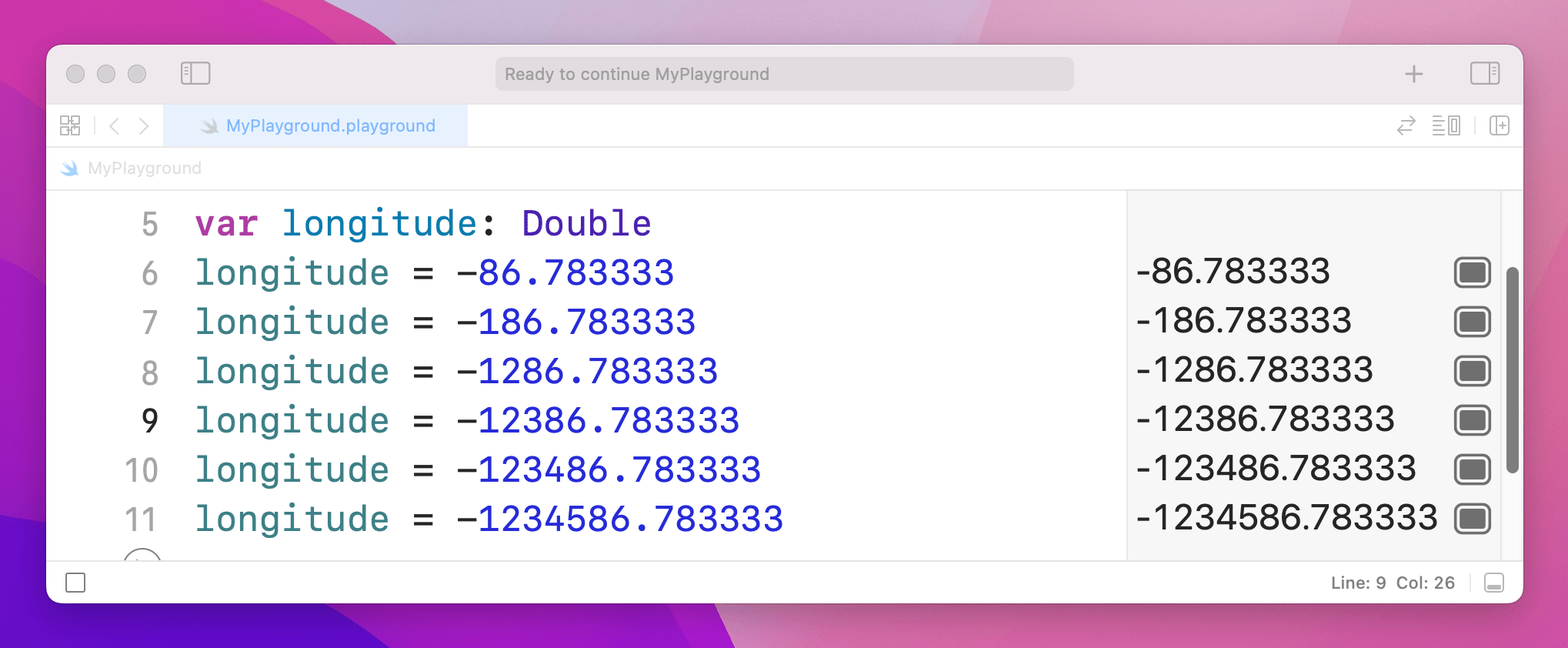 Printouts of various Double values. The input and output both get longer.