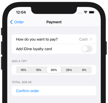 Our completed order form, showing options for payment type, loyalty card, and tip percentage, plus a button to confirm the order.