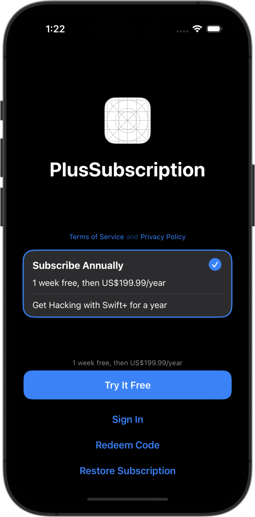 A more complex subscription view with more options to choose from.