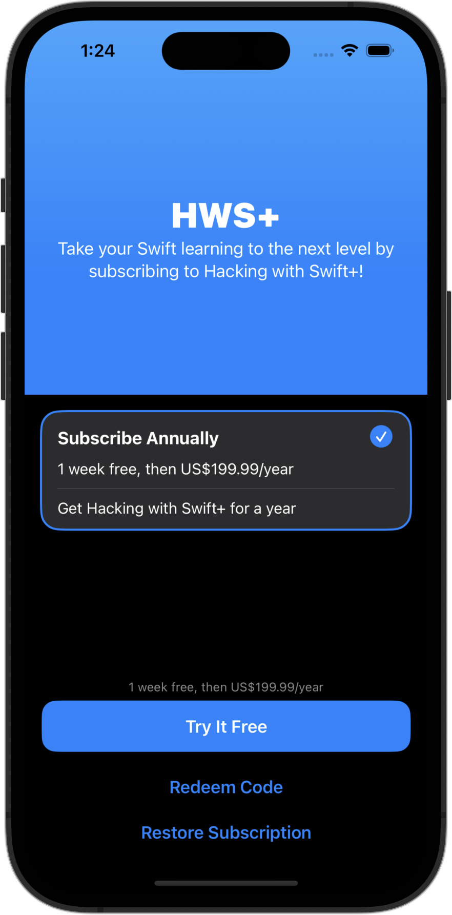 A customized subscription view with custom SwiftUI layout for the marketing header.