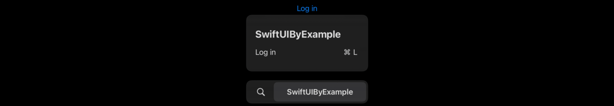 The words “Log in” in blue, indicating they are tappable. Below that is iPadOS's command palette showing the Log In command has the <kbd>Cmd</kbd>+<kbd>L</kbd> shortcut.