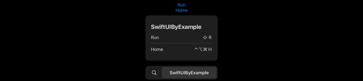 The words “Run” and “Home” in blue, indicating they are tappable. Below that is iPadOS's command palette showing that “Run” has the shortcut <kbd>Shift</kbd>+<kbd>R</kbd>, and “Home” has shortcut <kbd>Ctrl</kbd>+<kbd>Opt</kbd>+<kbd>Cmd</kbd>+<kbd>H</kbd>.