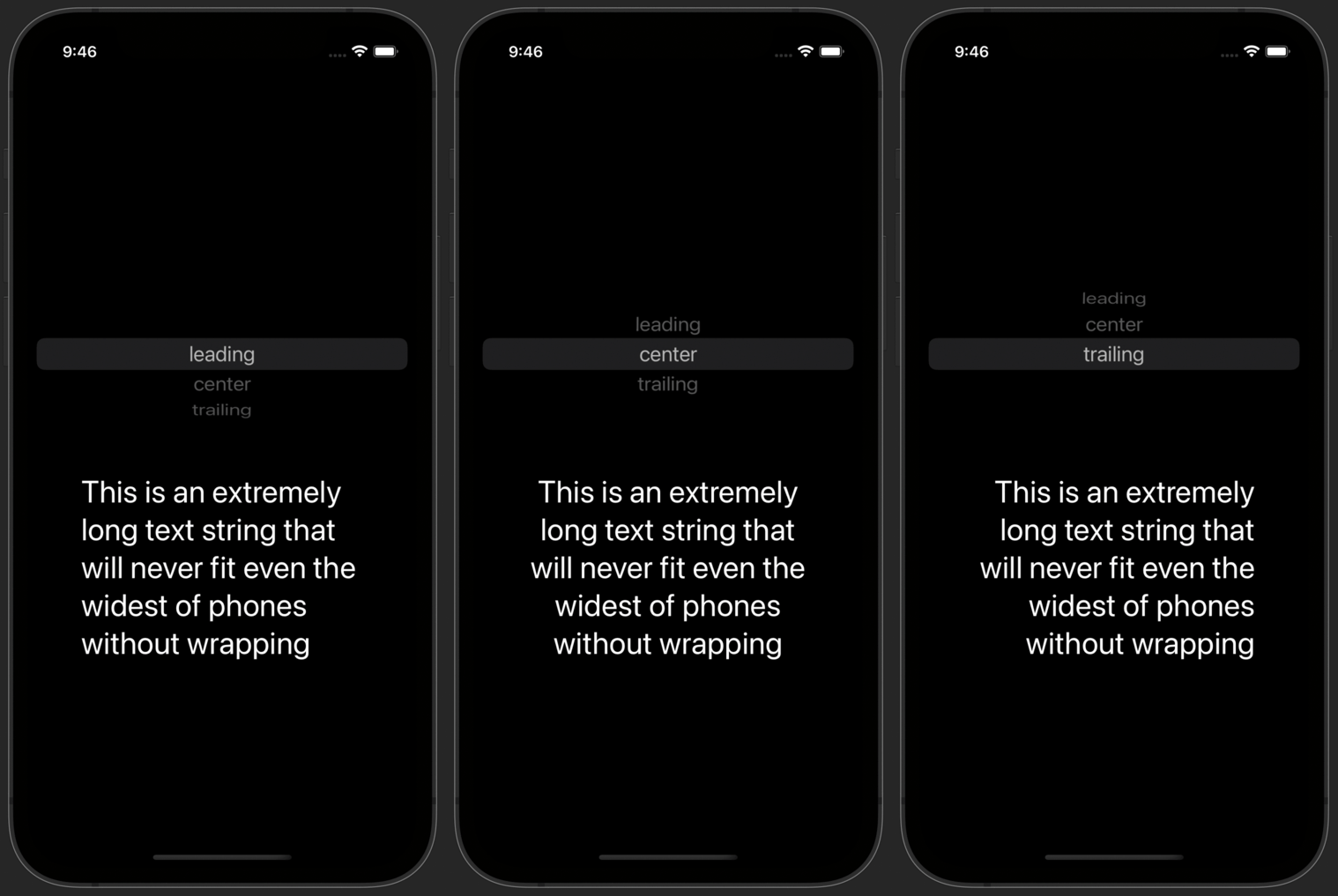 Three images showing paragraphs with left-aligned, centered, and right-aligned text.