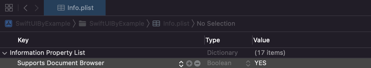 The Info.plist file with “Supports Document Browser” set to YES.
