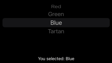 A wheel picker showing Red, Green, Blue, and Tartan. Blue is selected. Below is the text “You selected: Blue”.