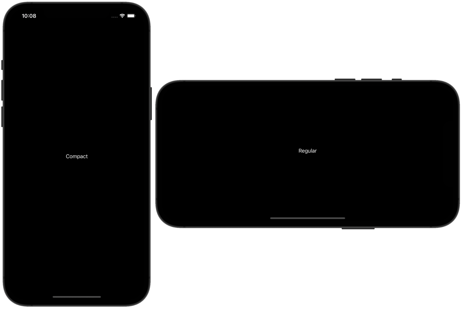 A phone in portrait mode showing the word “Compact” beside a phone in landscape mode showing the word “Regular”.