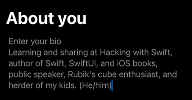 The line “Enter your bio”, followed by more more lines of text in the same area.