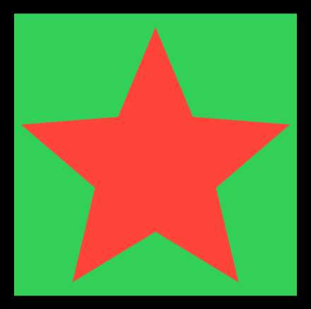 A red five pointed star on a green square.