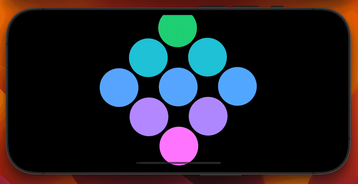 A 3x3 grid of rotating circles, where each circle changes colors as it moves.