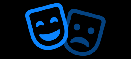 A symbol showing a smiling blue mask in the foreground and a fainter sad blue mask in background.