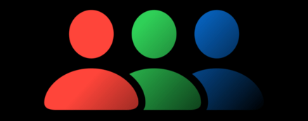 Three slightly overlapping person icons, in blue, green, and red from left to right. Each icon's color transitions to black as it approaches the bottom right corner.