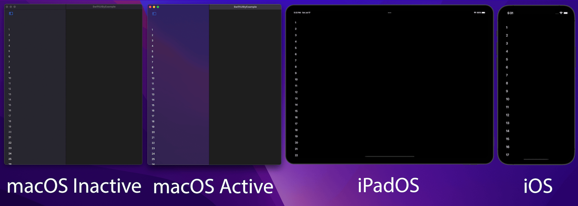 An inactive macOS window with an opaque sidebar, an active macOS window with a translucent sidebar, an iPad with a list, and an iPhone with a list. The iPad and iPhone lists have gray backgrounds and no list-item separators.
