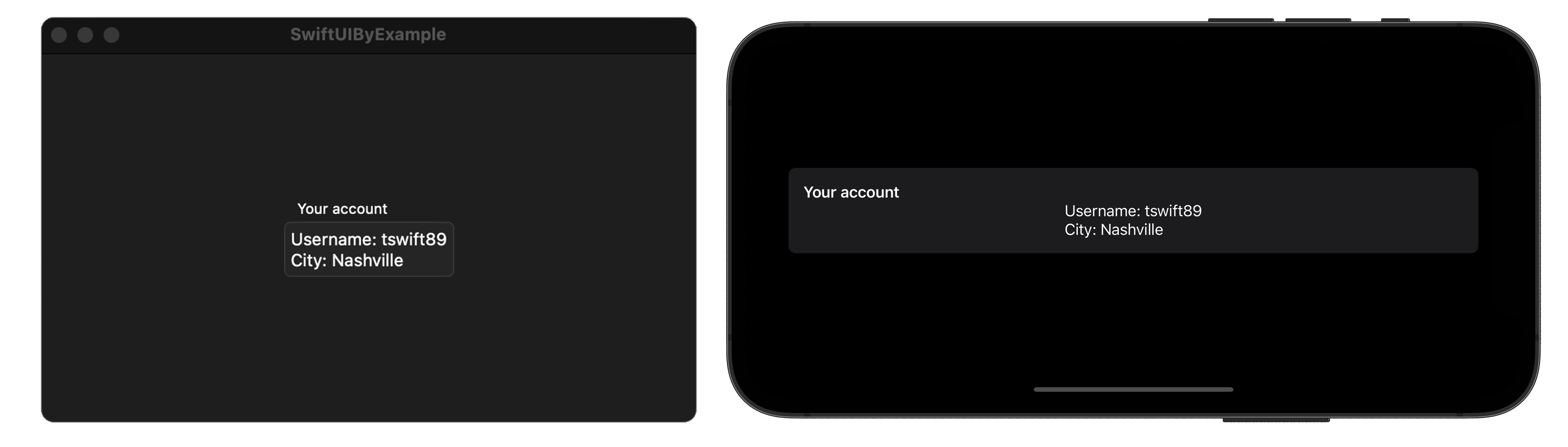 A macOS window containing “Your account” above a two lines of text in a rounded rectangle. Beside it is an iPhone with similar contents consuming horizontal space, resulting in a visual imbalance.