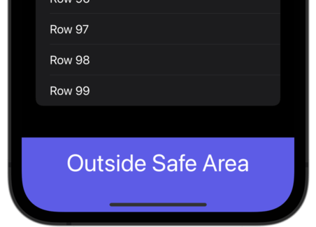 The end of a SwiftUI list with a safe area inset view placed below, colored indigo.