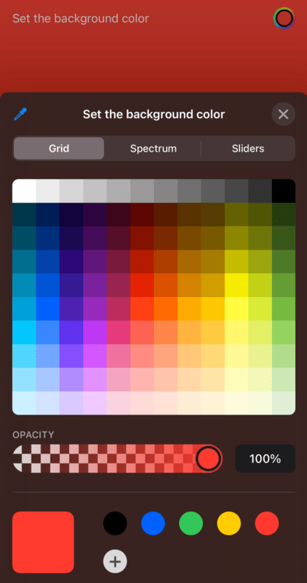 The words “Set the background color” and a rainbow colored ring, below which is a grid style color picker with an opacity slider.
