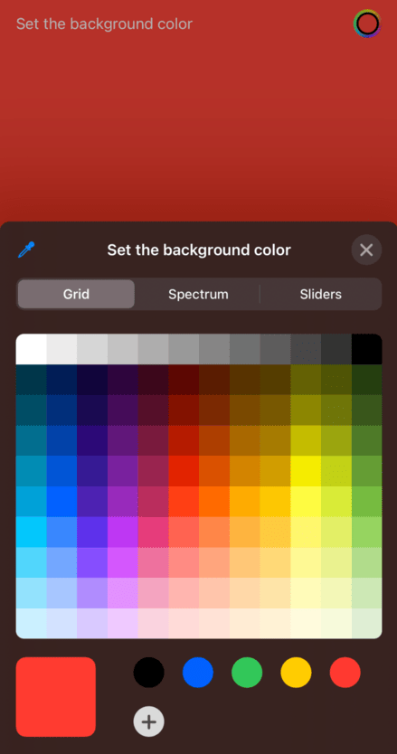 The words “Set the background color” and a rainbow colored ring, below which is a grid style color picker without an opacity slider.