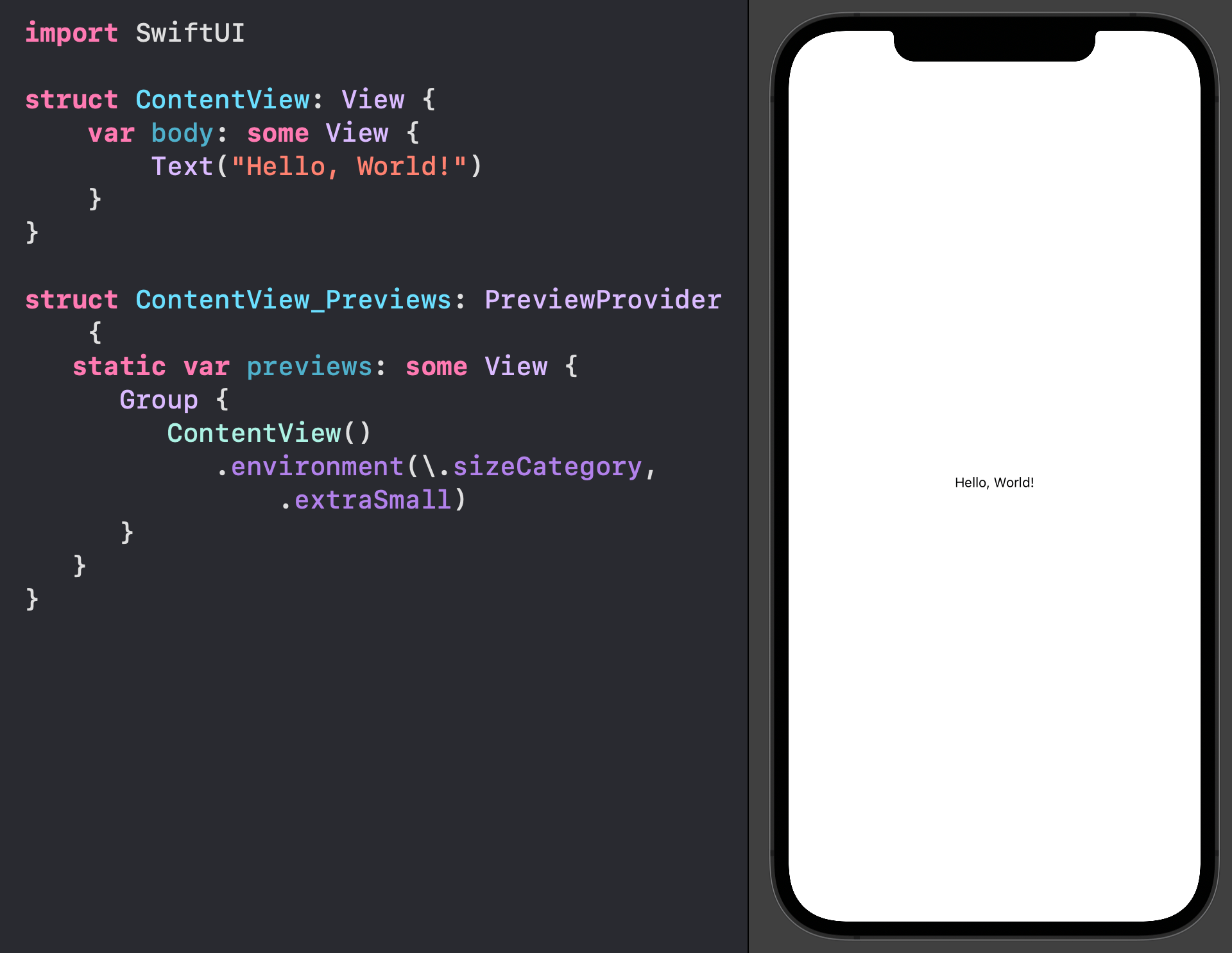 The Xcode Preview showing some very small text.