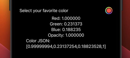 A view that shows red, green, and blue values for a user color, and also the matching JSON data.
