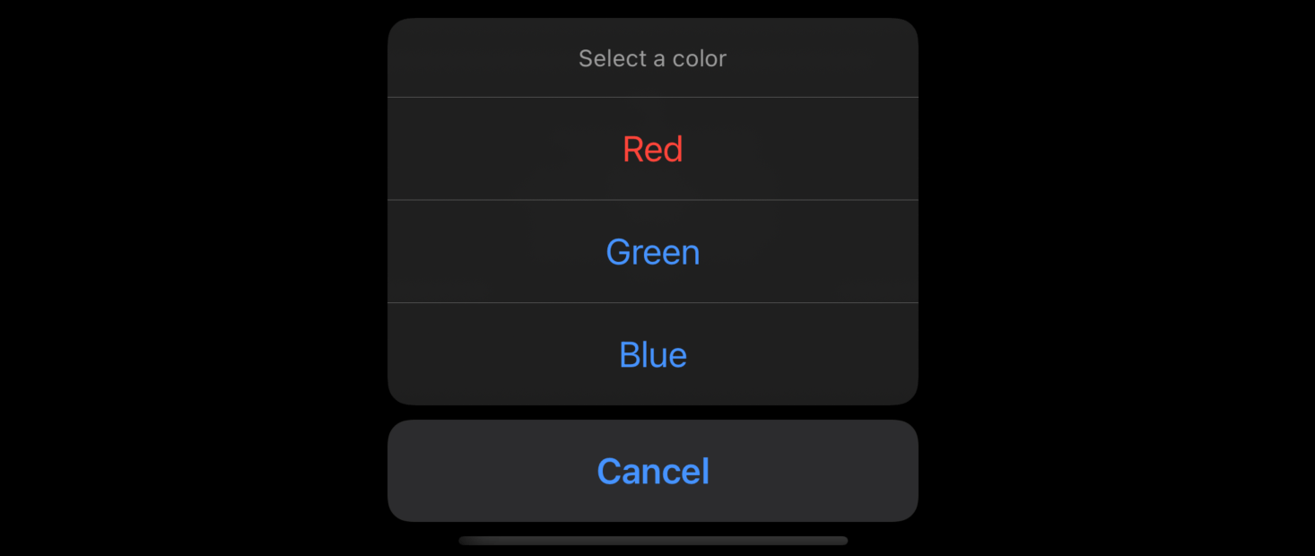 A menu titled “Select a color” and options Red, Green, and Blue. The Red option is red colored.