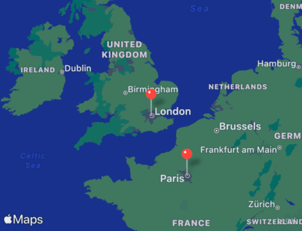 A map showing Western Europe and the British Isles, with red drawing pins in London and Paris, which are labelled.