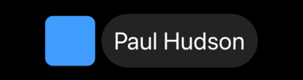A blue rounded rectangle beside a grey capsule containing “Paul Hudson”.