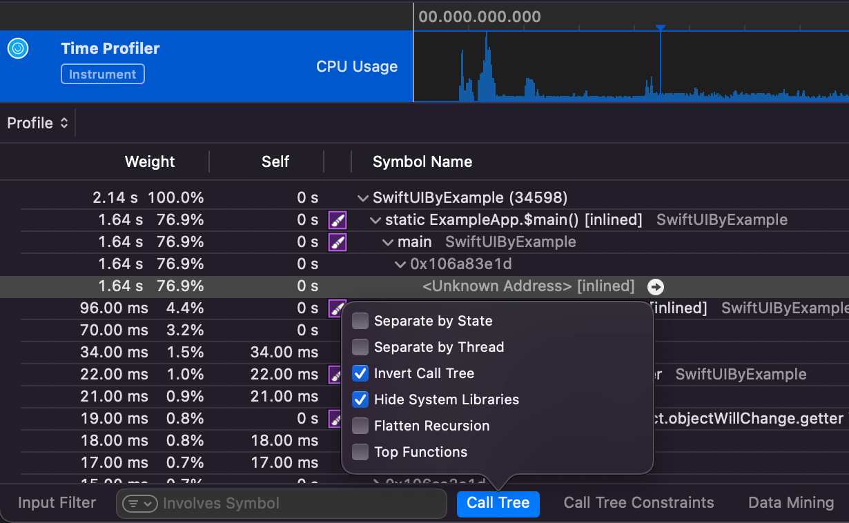 The Time Profiler Instrument with “Invert Call Tree” and “Hide System Libraries” enabled.